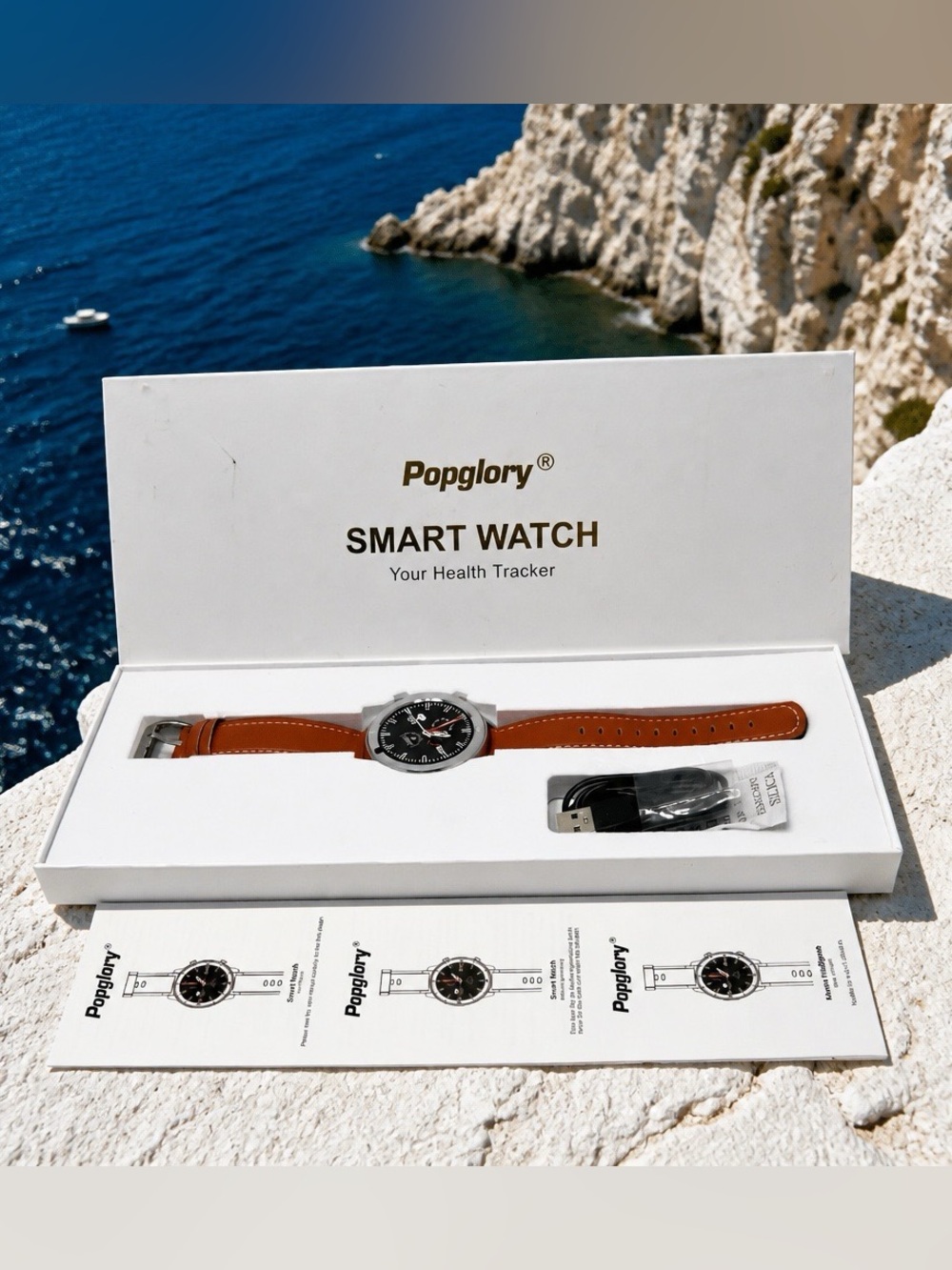 Popglory Smart Watch - Health Tracker with Brown Leather Strap